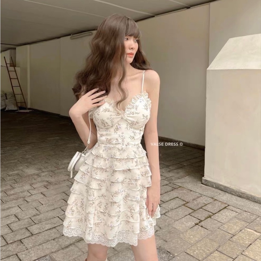 Korean Kawaii Cream Beige Chiffon Floral Y2K Ruffle Tiered Backless Mini Dress